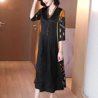 Vintage Printed Spliced A-Line Long Dress Spring Summer Casual V-Neck Women's Clothing Commute Half Sleeve Waist Loose Dresses
