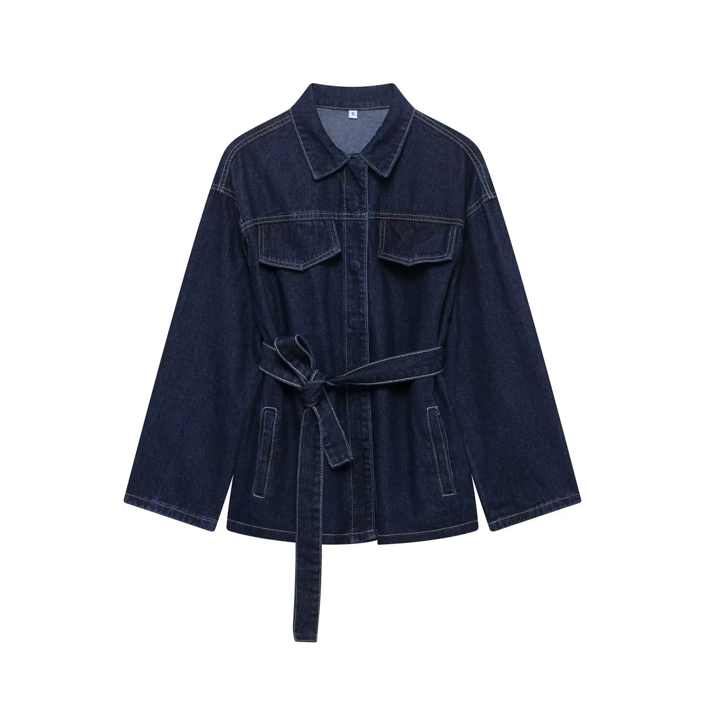 EDSA Women Vintage Denim Jacket Coat with Sashes Flap Pockets Long Sleeves Turn-down Collar for Female High Street Outerwear