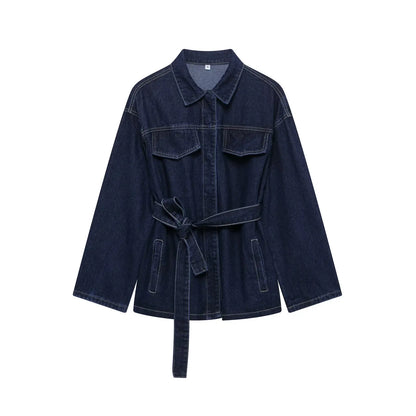EDSA Women Vintage Denim Jacket Coat with Sashes Flap Pockets Long Sleeves Turn-down Collar for Female High Street Outerwear