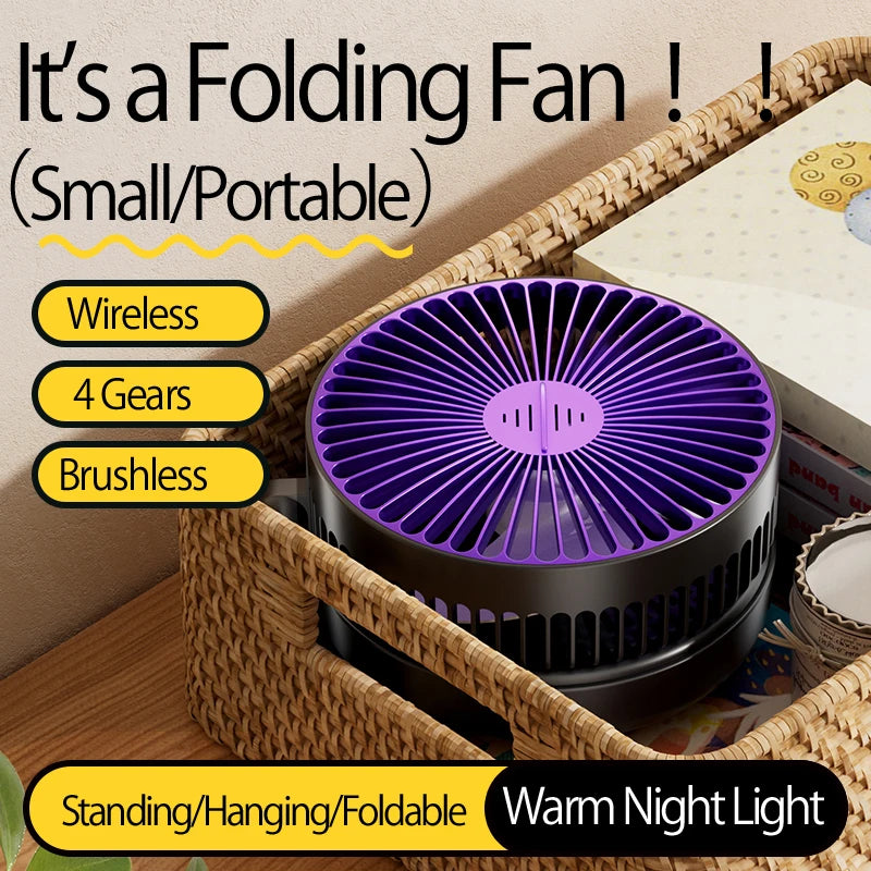 2024 New Rechargeable 3IN1 Multifunctional Portable Fan Wall Mounted Fan 90° Folding Fan 4 Gears With Warm Night Light