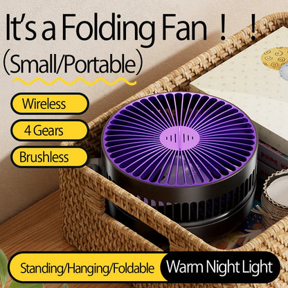 2024 New Rechargeable 3IN1 Multifunctional Portable Fan Wall Mounted Fan 90° Folding Fan 4 Gears With Warm Night Light