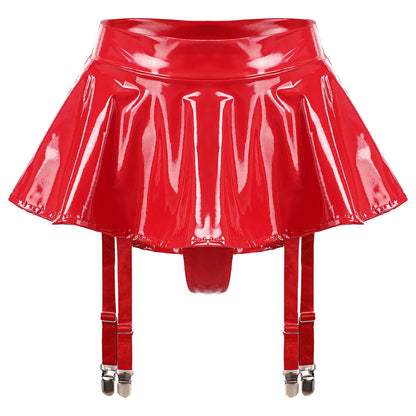 Womens Glossy Patent Leather Ruffle Mini Skirt Built-in Thongs Garter Belts Metal Clips Shorts Miniskirt Pole Dance Clubwear