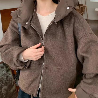 OCEANLOVE Hooded Autumn Winter Woolen Jackets for Woman Solid Warm Chaquetas Korean Fashion Chic Vintage Loose Outwears