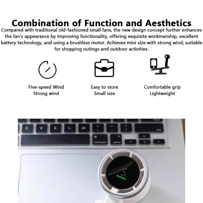 Lenovo Handheld Folding Fan Type-C Charge Ports Portable Desktop 5 level Adjustment Digital Display Electric Fan With Lanyard