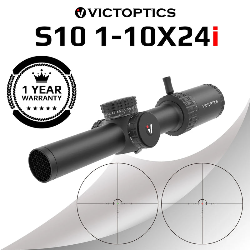 VictOptics S10 1-10x24i Rifle Scope Fiber Reticle 5-Level Illumination Long Eye Relief Wide FOV 1/4 MOA Lock Turret for Hunting