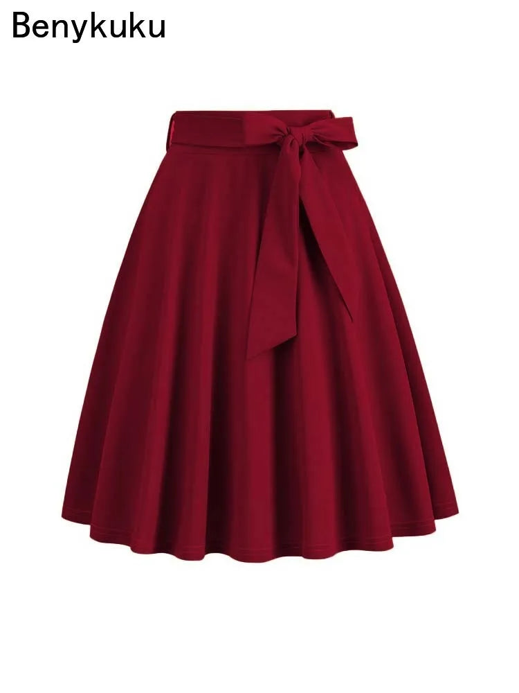 2025 Women Retro Vintage Midi Long Skirt Solid Elegant High Waist A Line Skater 50s Swing Skirts Ladies Workwear Falda Mujer
