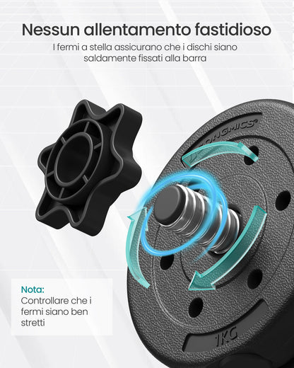 SONGMICS 2-in-1 Dumbbells Set, 2 x 15 kg Adjustable Dumbbells with Extra Barbell Bar, Plastic-Coated Weight Plates