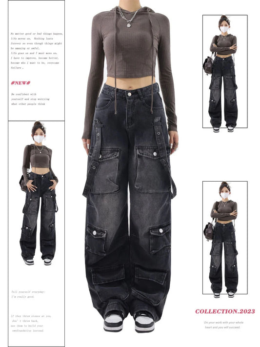 Women Vintage Black Gothic Cargo Jeans Y2k Wide Leg Denim Pants Oversize 2000s High Waist Jeans Korean Baggy Trousers 90s Jeans