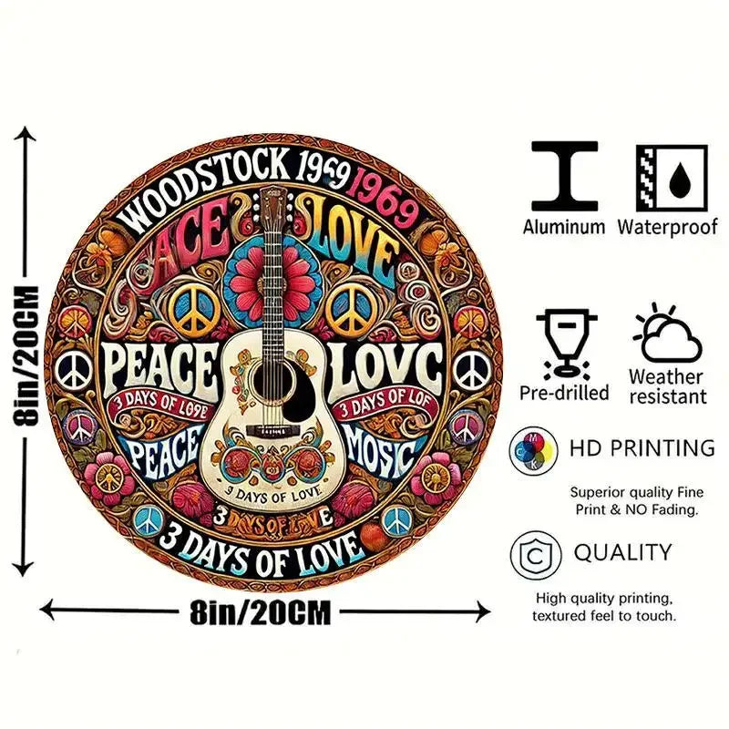 Home Decor，Retro Peace and Love Design with Guitar and Flowers,  Home Decor -  New Year's, Valentine'S Day, Music Decor