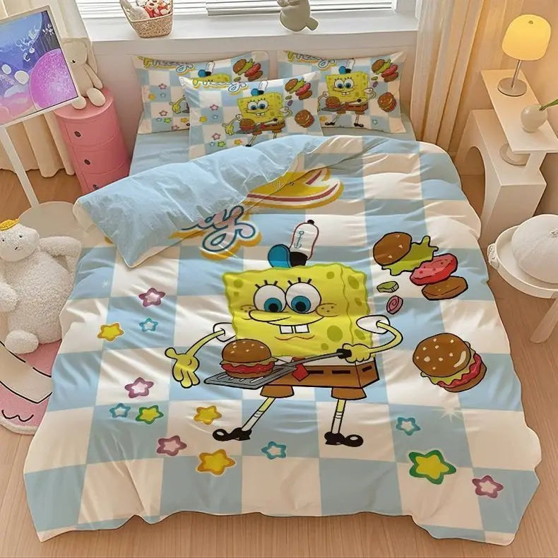 New Anime SpongeBobs Bedding Set Duvet Cover Bed Set Quilt Cover Pillowcase Comforter king Queen Size Boys Adult Bedding Set