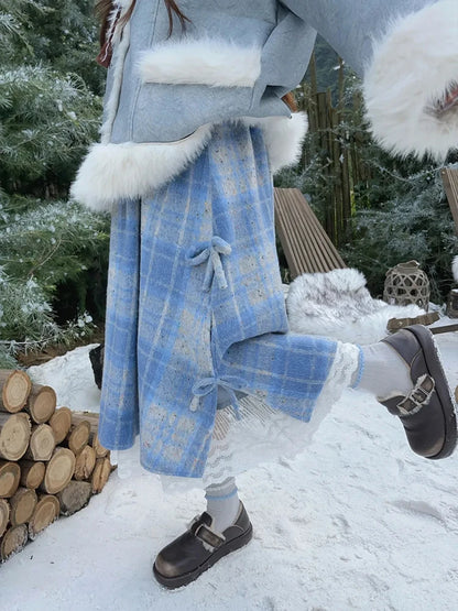 Japanese Blue Plaid Midi Skirt Women Fall Winter Sweet Bow Lace Patchwork Skirts Fashion High Waist Thicken Aesthetic Cute Skirt