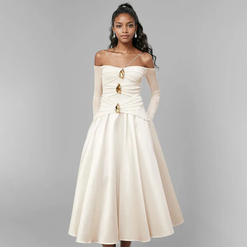 WTHT New Fashion Women Metal Buckle Design Sling Long Sleeves Dress 2025 Spring Off-shoulder A-line Party Dresses Female 1LS953