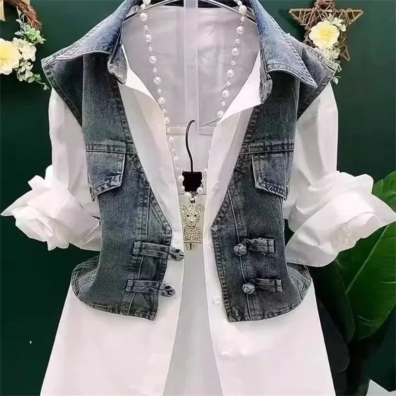 Cowboy Vest Patchwork Summer Shirt Fake Two-Piece Shirt Women's Cowboy VPolo Collar Denim Jacket Autumn Button Spring Shirt Lady