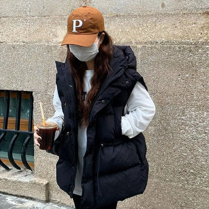 M-4XL Hooded Vests Women Solid Korean Style Fashion Harajuku Autumn Winter College Loose All-match Waistcoats Zip Up Leisure