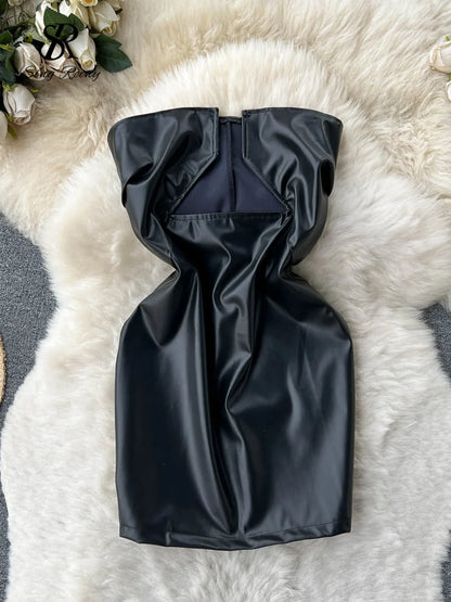 SINGREINY 2023 Strapless Sexy Short Dress Summer Sleeveless Bodycon Hollow Out Fashion Y2K Women Evening PU Leather Slim Dress