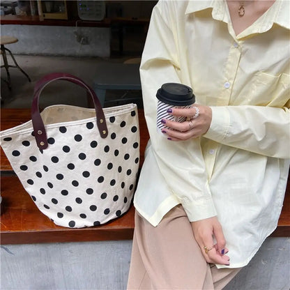 Simple Wave Point Polka Dot Canvas Bucket Bag Korean Style Large Capacity Handbag Lunch Bag Tote Bag Mummy Bag Shopping Bags