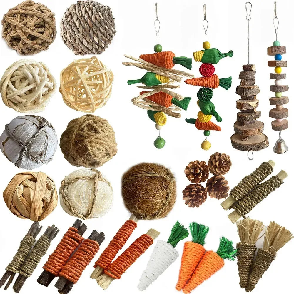 Pet Parrot Chewing Teething Toys Hamster Rabbit Hand-woven Straw Rope Carrot Corn Rattan Ball Toys Bird Cage Hanging Accessories