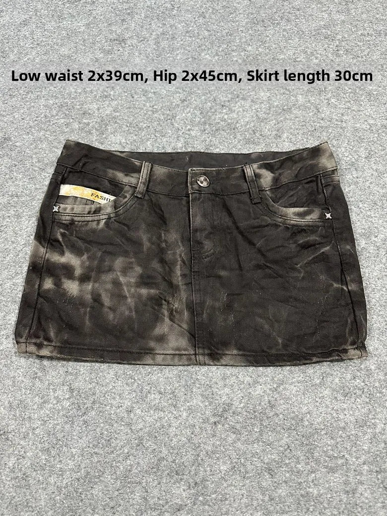 Sexy American Vintage Low Waist Denim  Skirt for Students Z4 Antiquing Y2K Trendy ort Skirt with Handmade Ripped And Fo...
