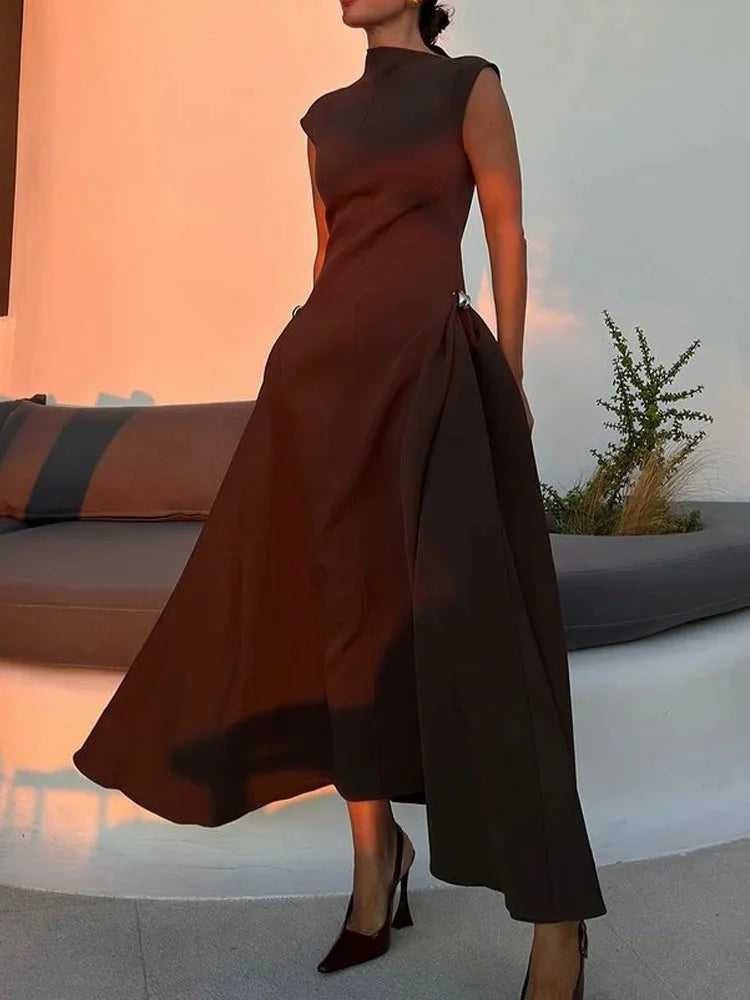Elegant Oblique Collar Pleated A-line Dress Women Fashion Solid Sleeveless Slim Long Dresses Female 2024 New Evening Party Gowns