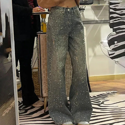 New Women's Perrusted Jeans, Starry Sky Patchwork Denim Trousers Spring Autumn Female Design With A Shiny Floor-length Pants