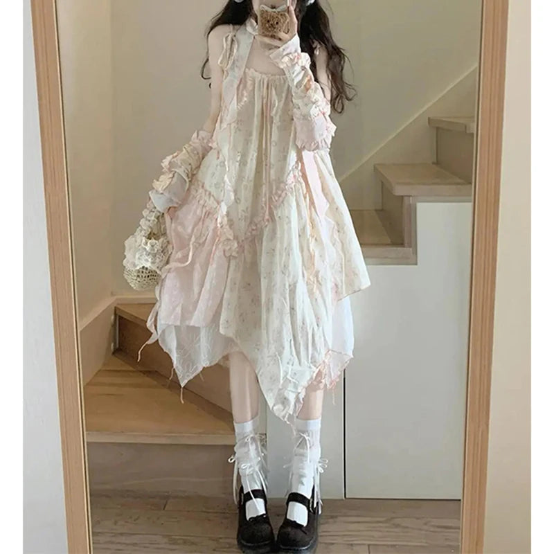 Y2K Irregular Midi Dress Women Japanese Kawaii Floral Print Print Dresses Summer Harajuku Korean Ruffles Patchwork Chic Vestidos