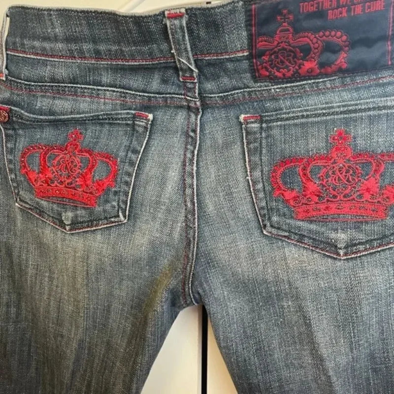 Streetwear New Fashion Red Crown Embroidered Baggy Jeans Women Y2K Gothic Harajuku Hip Hop Popular Casual Joker Couple Jeans