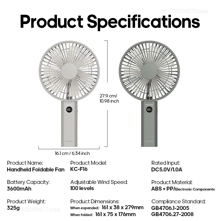Portable Folding Handheld Fan 3600mAh Desktop Rechargeable Household Fan with LED Digital 100-speed Wind Angle Adjustable