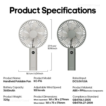 Portable Folding Handheld Fan 3600mAh Desktop Rechargeable Household Fan with LED Digital 100-speed Wind Angle Adjustable