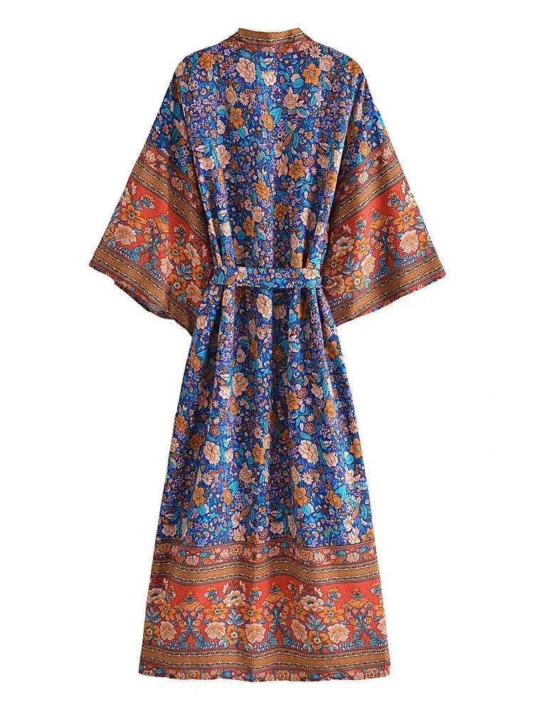 Vintage Chic Women Multi Floral Print Sashes Beach Bohemian Kimono Ladies V Neck Batwing Sleeves Maxi Robe Boho Bikini Cover-ups