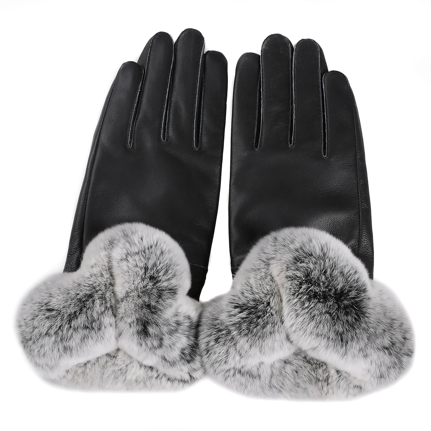 BOONJOVIA Elegant Women's Winter Warm Genuine Leather Gloves With Rex Rabbit Fur Trim Cuffs Velvet Lined