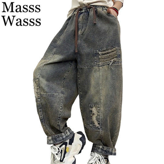 Masss Wasss European Womens Punk Denim Harem Trousers Classic Holes Loose Vintage Pants Leisure Streetwear Elastic Waist Jeans
