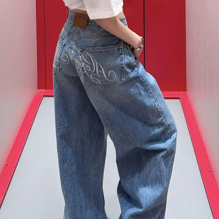 Women's Harajuku Full Length Baggy Emo Denim Trouser 2025 Summer High Waist Y2K 2000s Blue Pants Casual Retro Loose Jeans