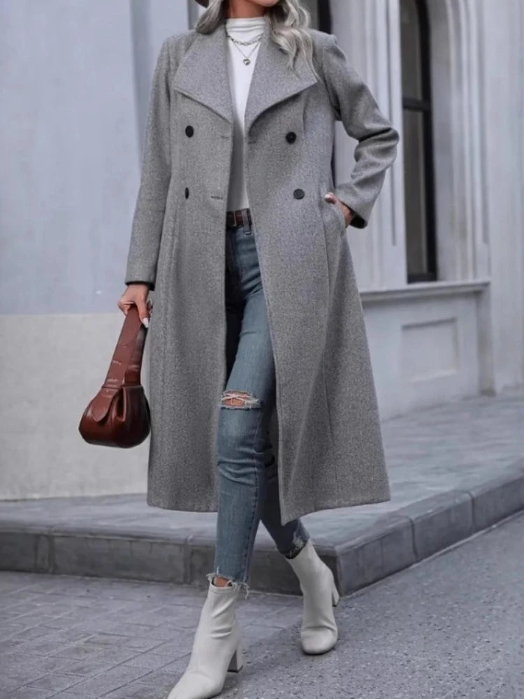 Chic Elegant Women Solid Color Grey Long Sleeve Pockets Double Breasted Fake Woolen Coat Woman Winter Warm Long Outwear