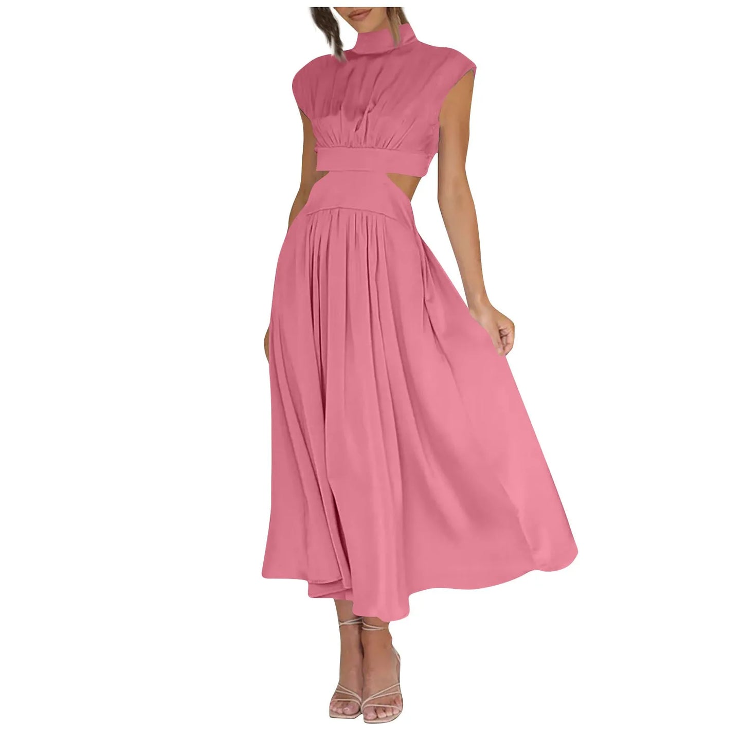 Women's Solid Color Basic Fashion High Waist Hollow Out Sexy Casual Streetwear High Neck Sleeveless Pocket Open Waist Maxi Dress