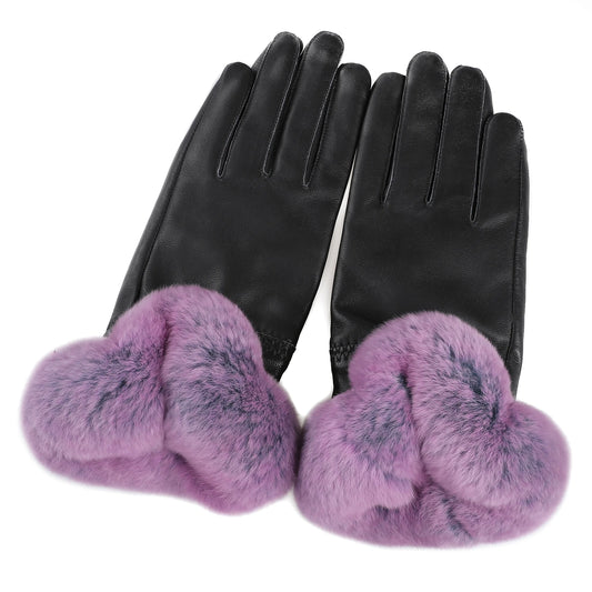 BOONJOVIA Elegant Women's Winter Warm Genuine Leather Gloves With Rex Rabbit Fur Trim Cuffs Velvet Lined