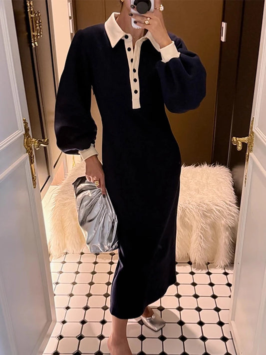 Vintage High Waist Long Sve Wrap Body Dr Women's Faion Color Blo Collar Dr Slimming A-Line Midi Dr for Ladies