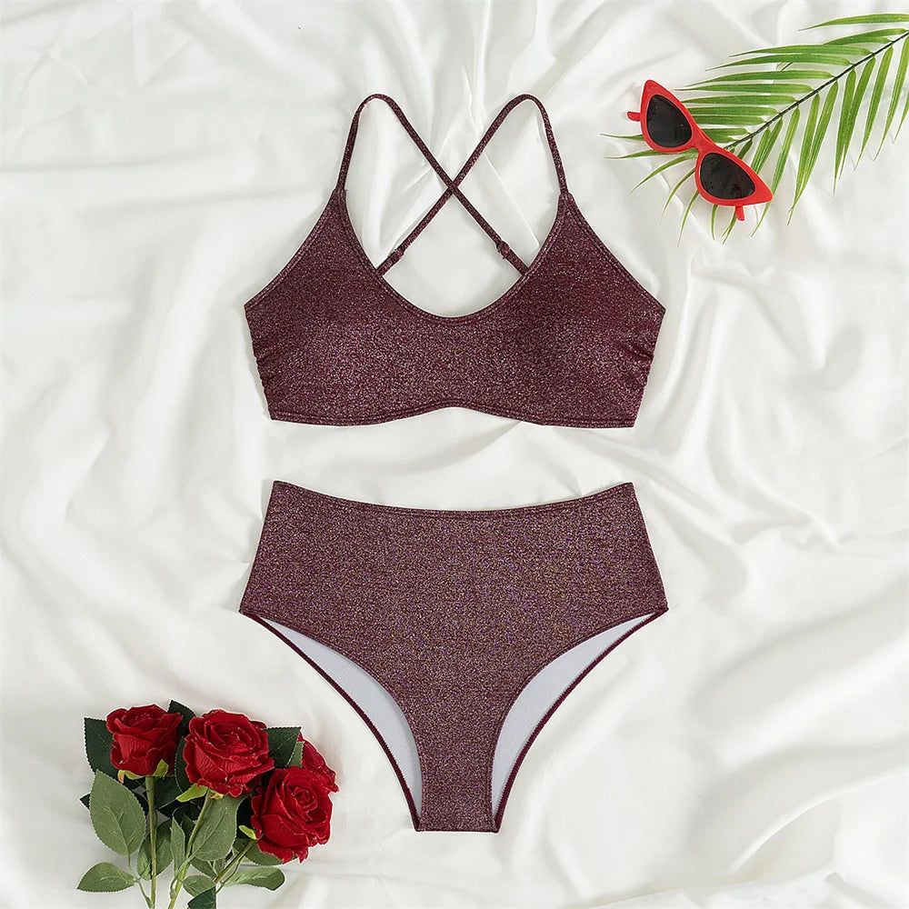 Shiny Bikini Claret Sling Swimsuit Bandage Backless High Waist Swimwear Punk Push Up Beach Outfit Women Bathing Suit Bikinis Set
