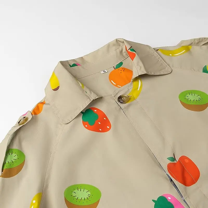 Fruit Pattern Print Wind Coat Single Breasted Turn-down Collar Long Coat Fashion Pocket Trench Coat 2025 Spring Lady Outerwear