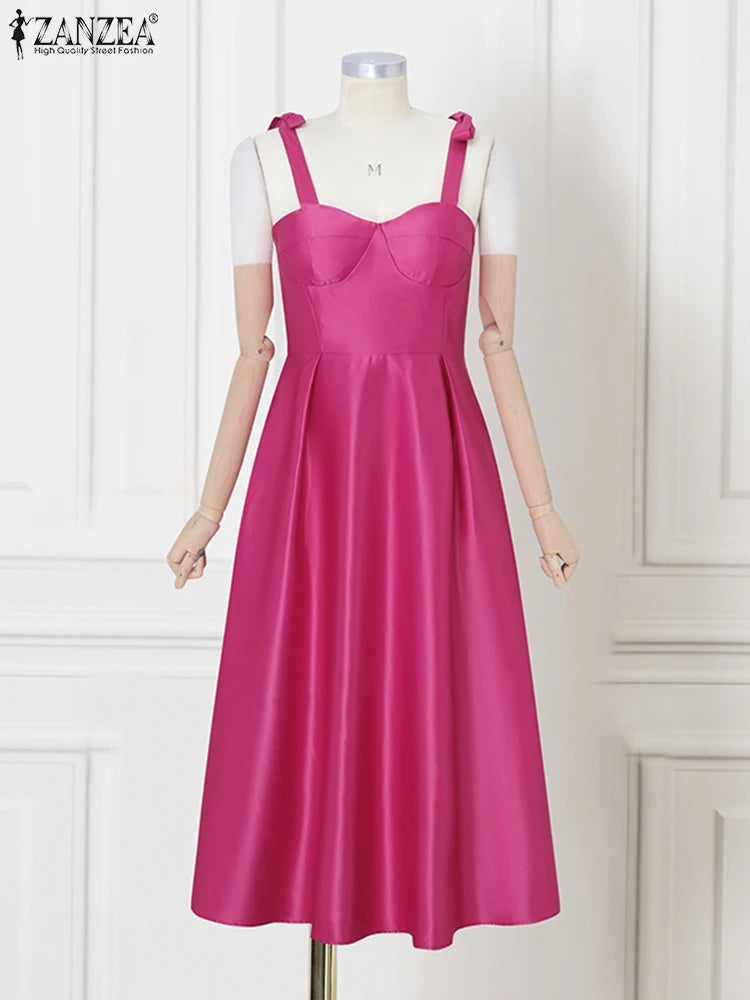 ZANZEA Women Evening Dress Elegant Spaghetti Strap Mid-Calf Party Dress Summer 2025 Retro Square Collar Sleeveless Vestidos Robe