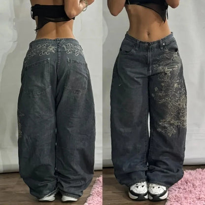 Streetwear New Fashion Red Crown Embroidered Baggy Jeans Women Y2K Gothic Harajuku Hip Hop Popular Casual Joker Couple Jeans