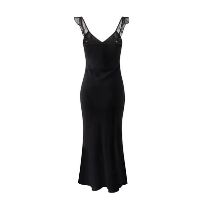 2024 Summer New Homemade Misty Elegant Gentle Sexy Style Flower V-neck Low cut Diagonal Cut Silk Dress