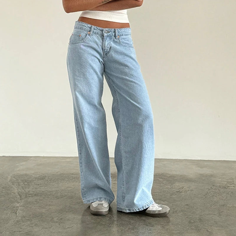 Maemukilabe Women Y2K Aesthetic Low Rise Baggy Jeans Loose Fit Boyfriend Straight Wide Leg Denim Pants Trendy Stretch Trousers