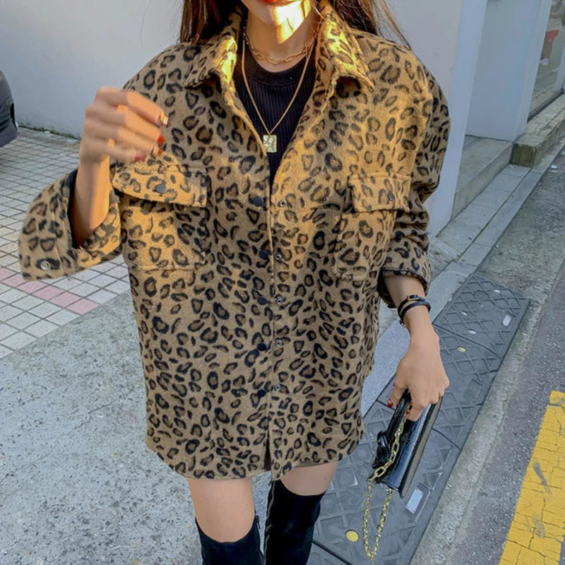 Retro Leopard Print Woolen Coat Women's Autumn Winter Thiened Loose Design Sense Faionable irt  Collar Button up