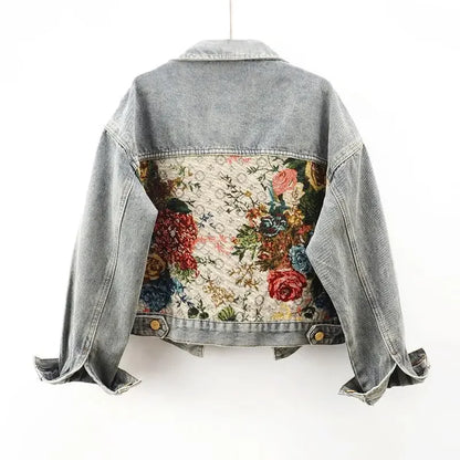 Fashion temperament denim jacket women's autumn and winter new short Joker print splicing long sleeve lapel short jacket