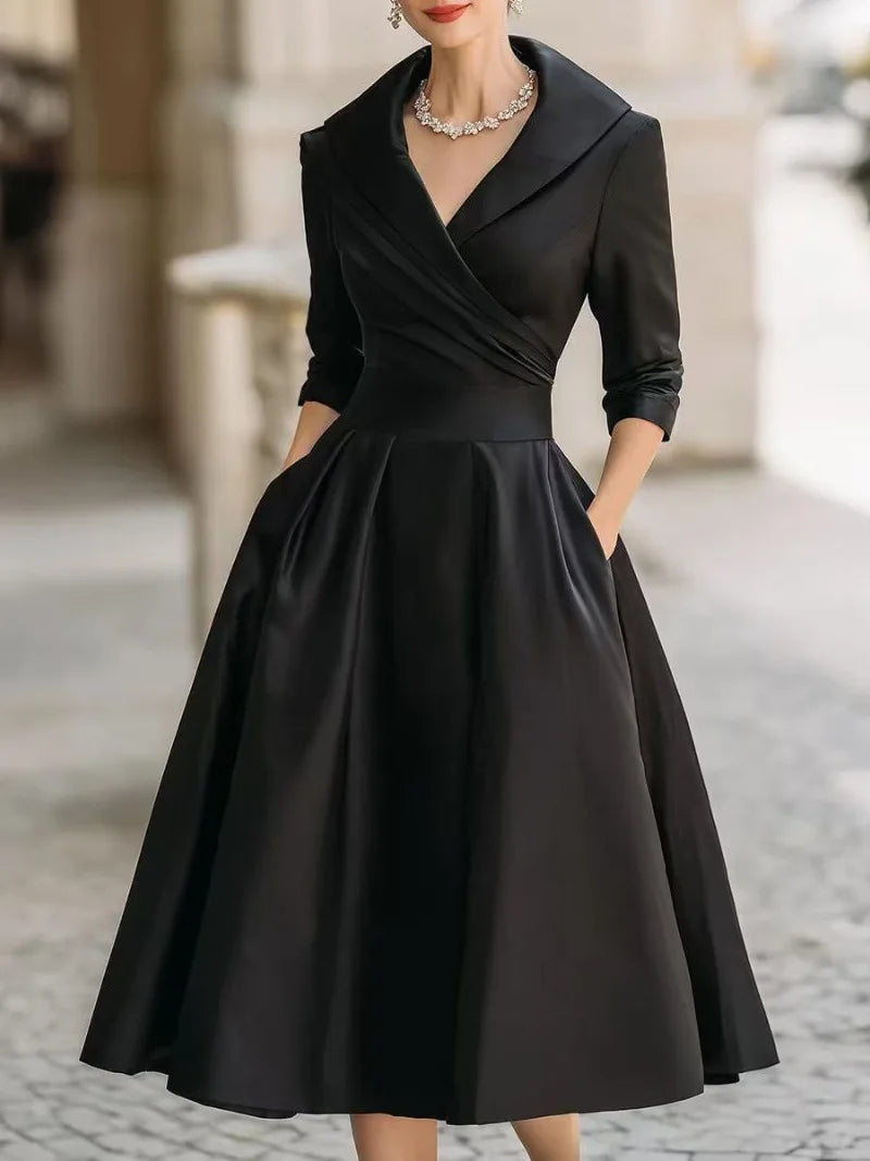 Elegant Solid Color Waist Cinching Sexy V-neck Dress Autumn Winter Women's Clothing New Long Sleeved Dress Pockets Ropa Mujer