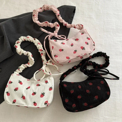 Small Underarm Bag For Women Corduroy Handbag Cute Strawberry Print Little Tote Half Moon Design Eco Cloth Mini Shoulder Bag