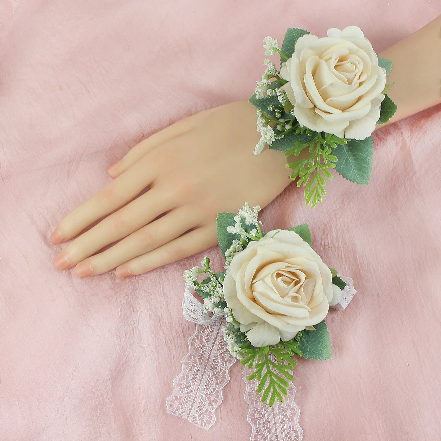 Girls Bridesmaid Wrist Corsage Bridal Prom Party Flannelette Rose Lace Bracelet Fabric Hand Flowers Wedding Accessories