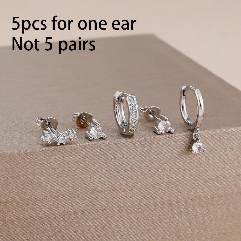 5PCS Stainless Steel Little Huggies Ear Stud Earrings Set For Women Tiny Crystal Zirconia Pendant Earrings Piercing Jewelry