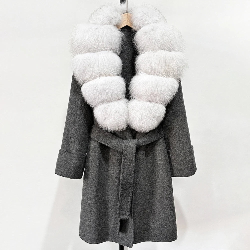 GENHUA 2025 New Winter Cashmere Wool Blends Women Natural Fox Fur Collar Cuffs Slim Fit Suit Double Sided Woolen Trench Coat