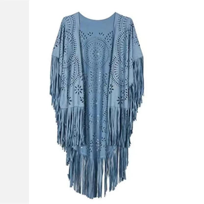 Women's Tassels Sleeveless Vest Hippie Faux Suede Fringe Jackets Cardigan Summer Hollow Waistcoat Outwear Tops